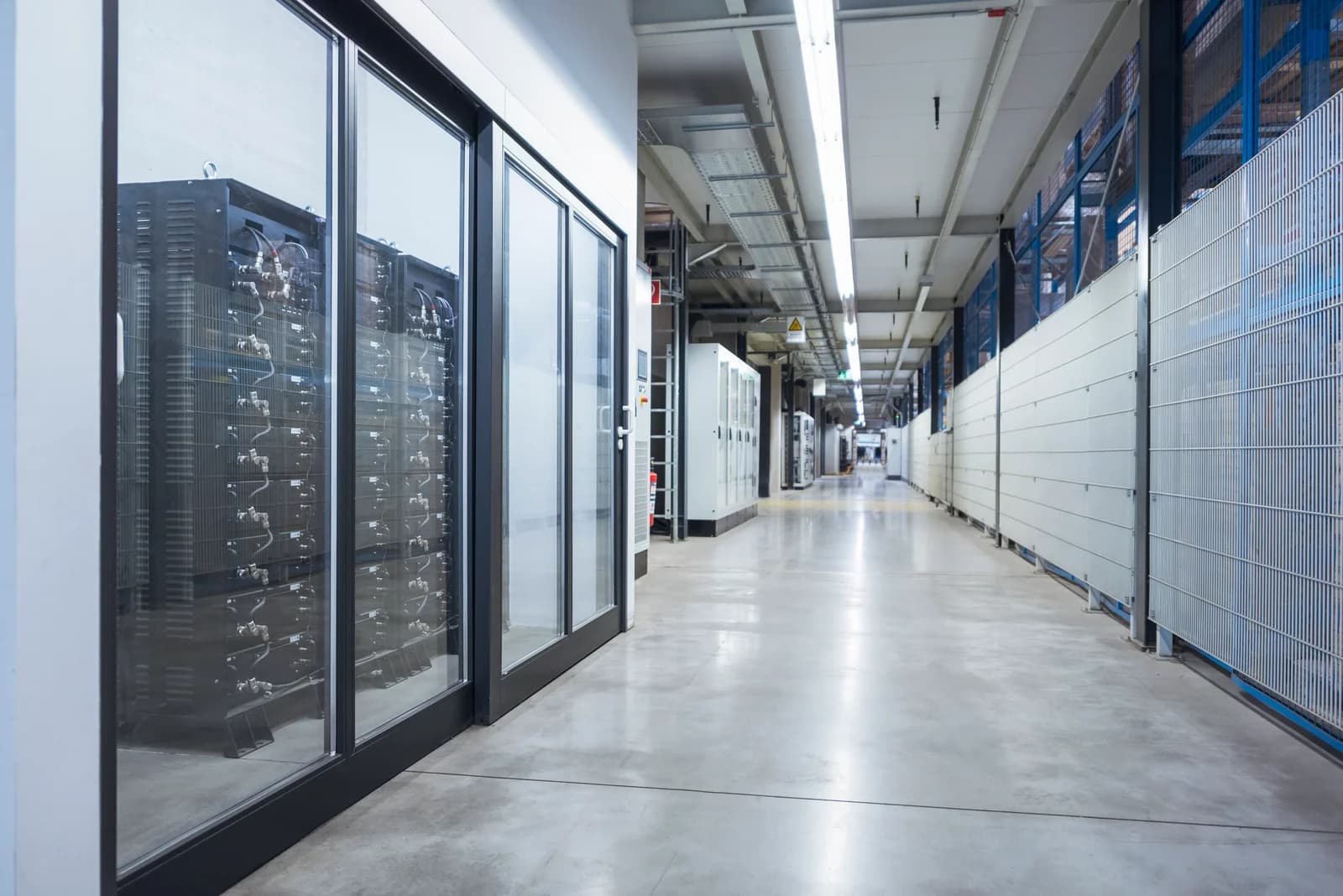 A bright technical facility corridor beside glass-fronted equipment rooms