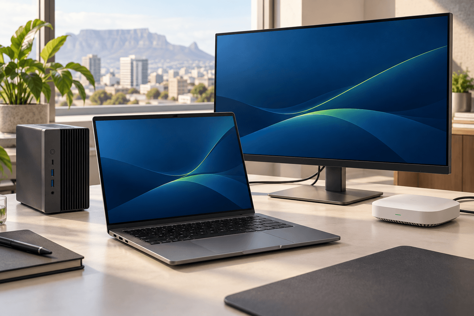 Illustrative business workspace with an unbranded laptop, monitor, compact desktop and networking device